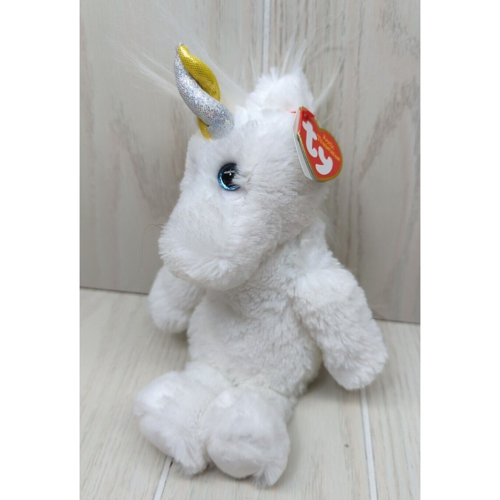 Ty Attic Treasures Agnus soft plush white unicorn silver gold horn blue eyes tag